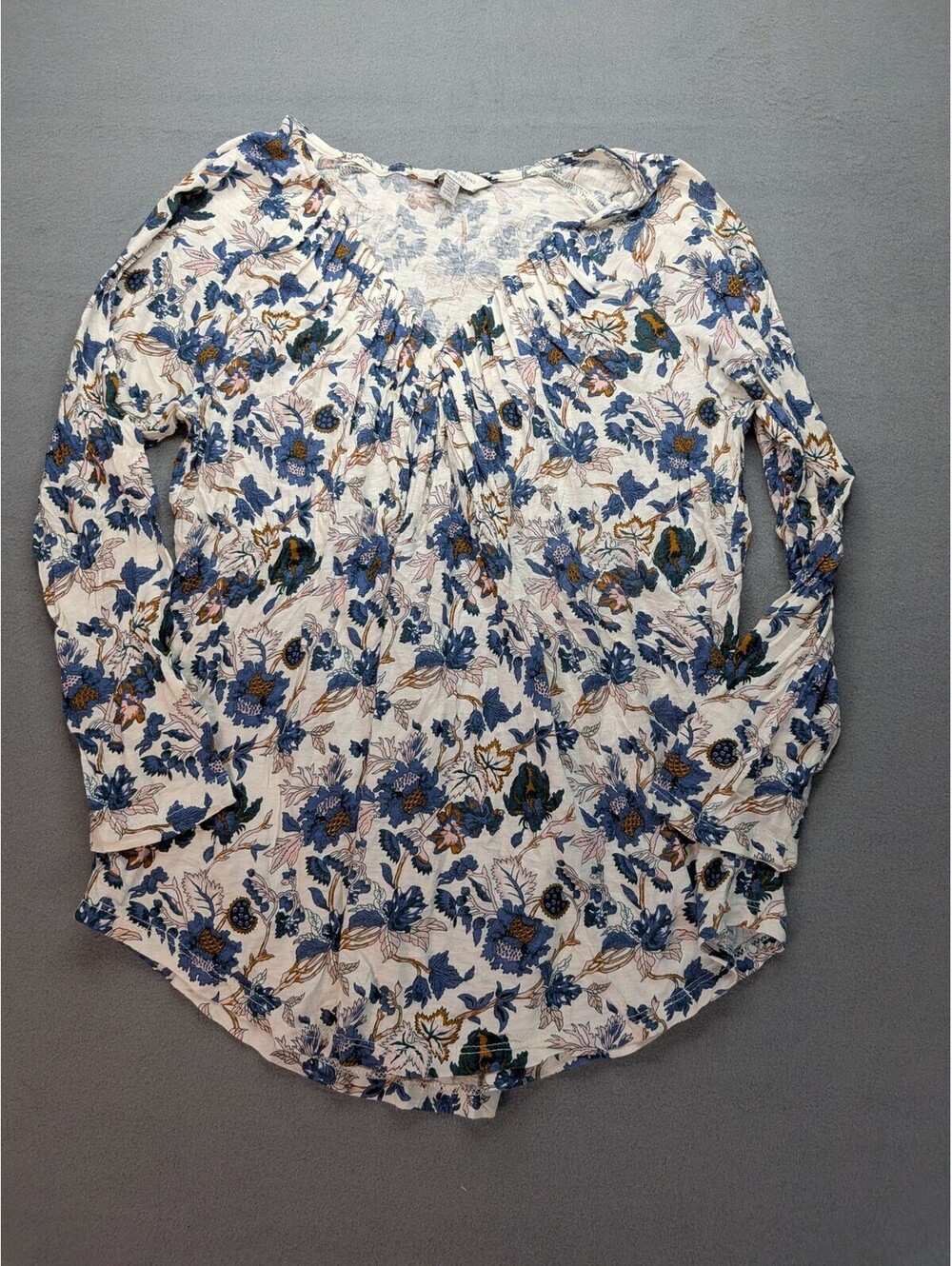 Lucky Brand Blouse Womens S Multicolor Floral V Neck Pleated Boho Tunic Top